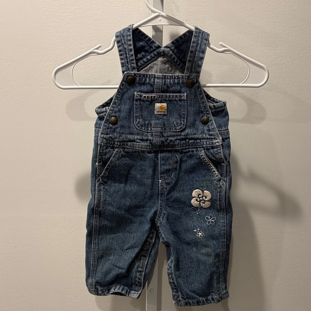 Carhartt Kids Denim Overalls Baby Girl Size 12M Floral Embroidery Blue Bib